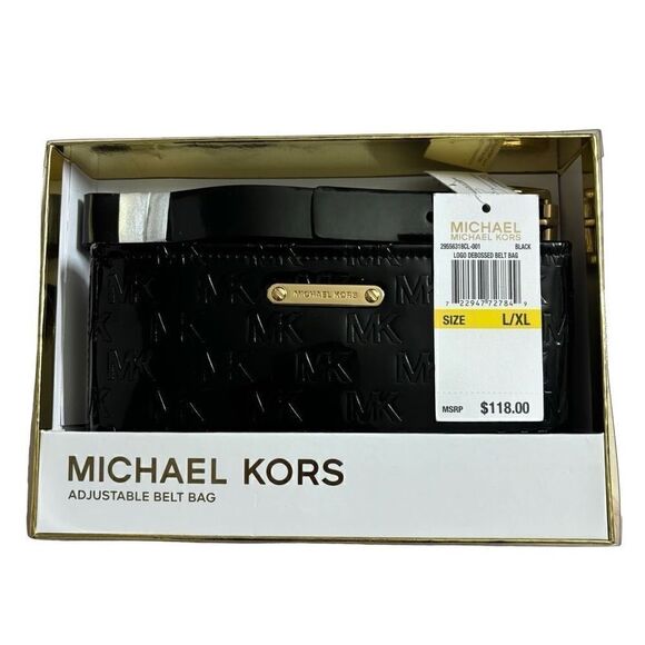 Michael Kors MK Logo Debossed Adjustable Belt Bag Patent Leather Black  L/XL - Picture 1 of 13